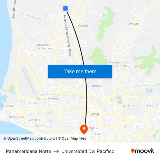 Panamericana Norte to Universidad Del Pacífico map