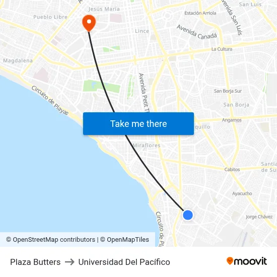 Plaza Butters to Universidad Del Pacífico map