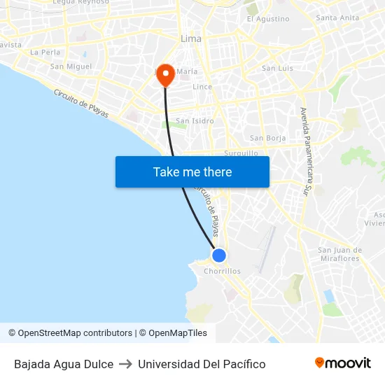 Bajada Agua Dulce to Universidad Del Pacífico map