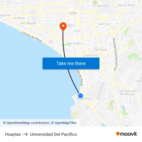 Huaylas to Universidad Del Pacífico map