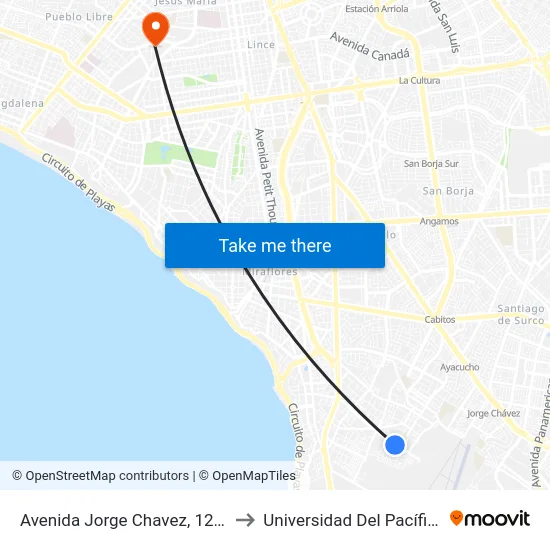 Avenida Jorge Chavez, 1218 to Universidad Del Pacífico map