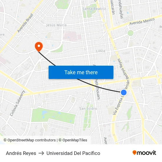Andrés Reyes to Universidad Del Pacífico map