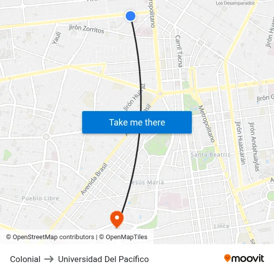 Colonial to Universidad Del Pacífico map