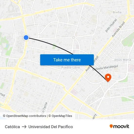 Católica to Universidad Del Pacífico map