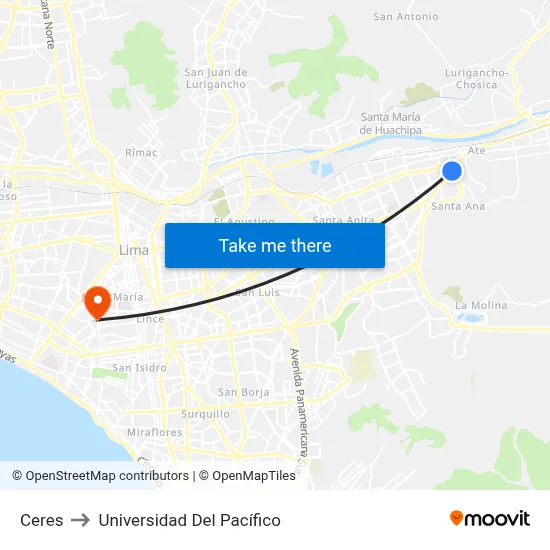 Ceres to Universidad Del Pacífico map