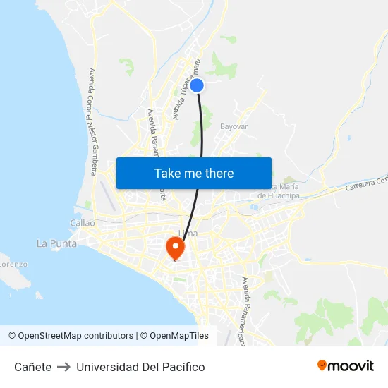 Cañete to Universidad Del Pacífico map