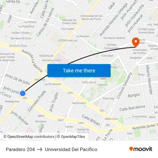 Paradero 204 to Universidad Del Pacífico map