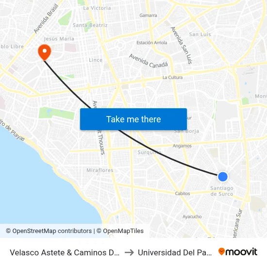 Velasco Astete & Caminos Del Inca to Universidad Del Pacífico map