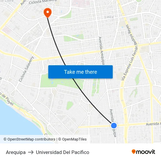 Arequipa to Universidad Del Pacífico map