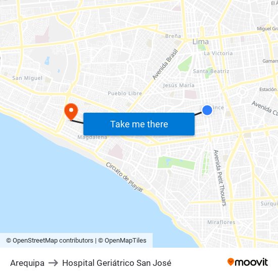 Arequipa to Hospital Geriátrico San José map