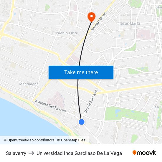 Salaverry to Universidad Inca Garcilaso De La Vega map