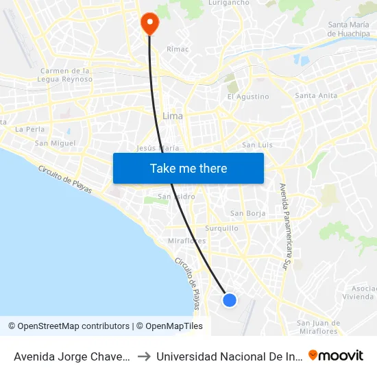 Avenida Jorge Chavez, 1218 to Universidad Nacional De Ingenieria map