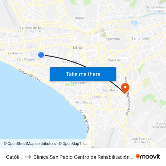 Católica to Clinica San Pablo Centro de Rehabilitación Física map
