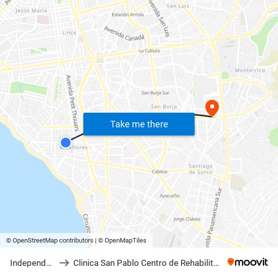Independencia to Clinica San Pablo Centro de Rehabilitación Física map
