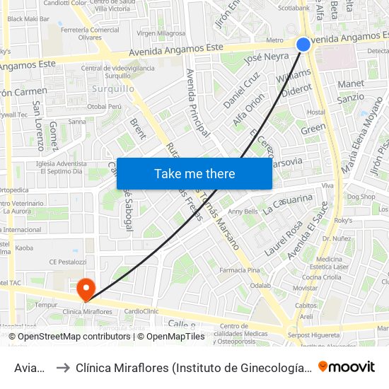 Aviación to Clínica Miraflores (Instituto de Ginecología y Fertilidad) map