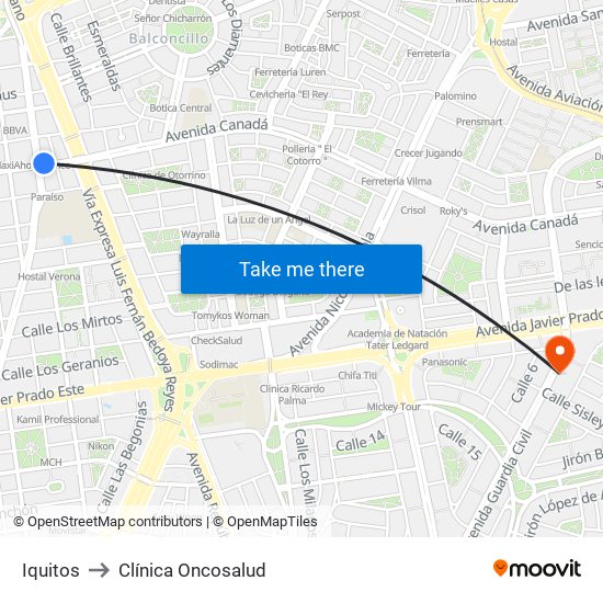 Iquitos to Clínica Oncosalud map