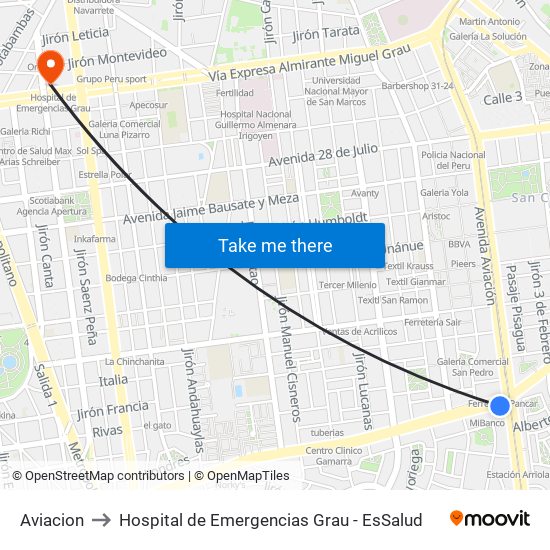 Aviacion to Hospital de Emergencias Grau - EsSalud map