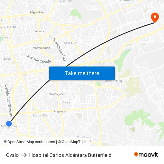 Óvalo De Miraflores to Hospital Carlos Alcántara Butterfield map