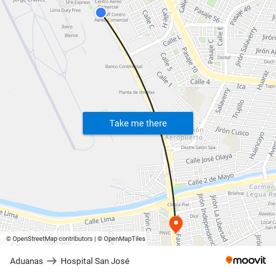 Aduanas to Hospital San José map