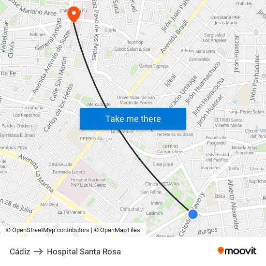 Cádiz to Hospital Santa Rosa map