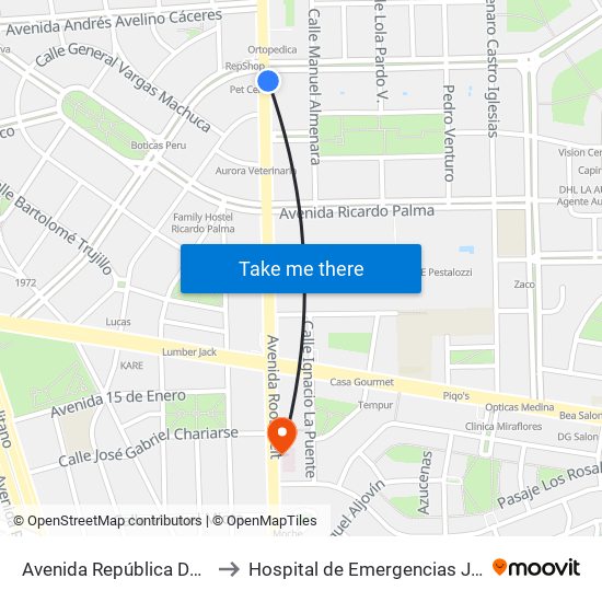 Avenida República De Panamá, 5734 to Hospital de Emergencias José Casimiro Ulloa map