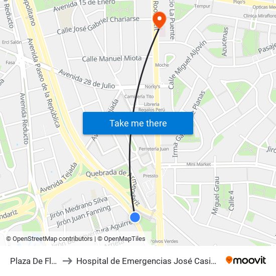 Plaza De Flores to Hospital de Emergencias José Casimiro Ulloa map