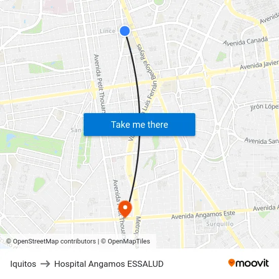 Iquitos to Hospital Angamos ESSALUD map