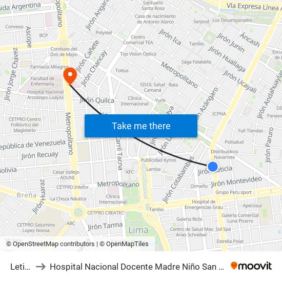 Leticia to Hospital Nacional Docente Madre Niño San Bartolomé map