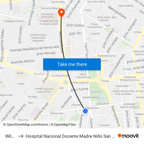 Wilson to Hospital Nacional Docente Madre Niño San Bartolomé map