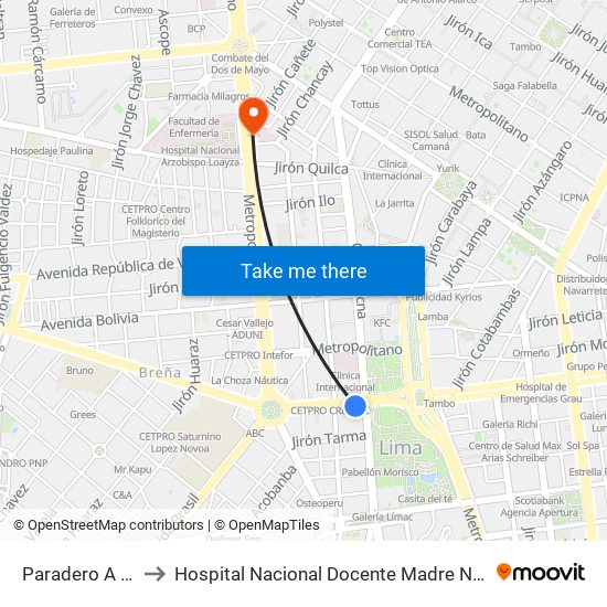 Paradero A - Wilson to Hospital Nacional Docente Madre Niño San Bartolomé map