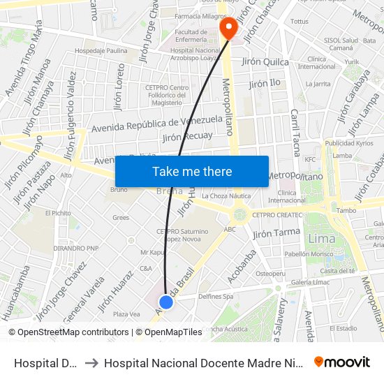 Hospital Del Niño to Hospital Nacional Docente Madre Niño San Bartolomé map