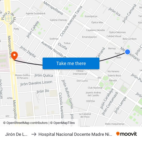 Jirón De La Unión to Hospital Nacional Docente Madre Niño San Bartolomé map