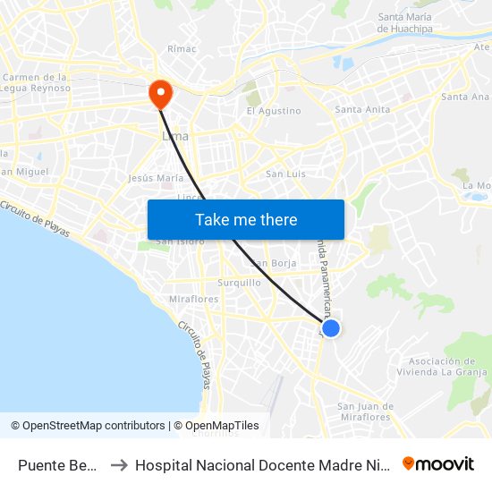 Puente Benavides to Hospital Nacional Docente Madre Niño San Bartolomé map