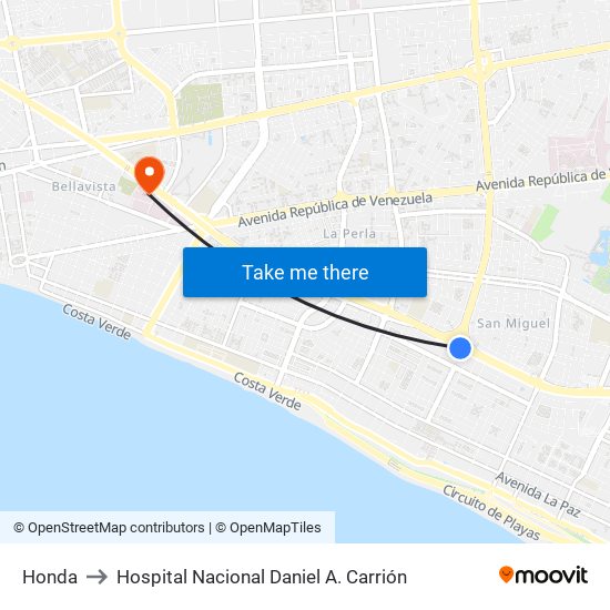 Honda to Hospital Nacional Daniel A. Carrión map