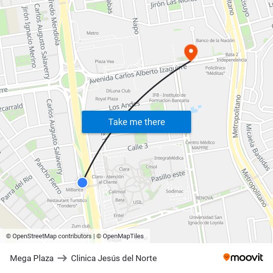 Mega Plaza to Clinica Jesús del Norte map