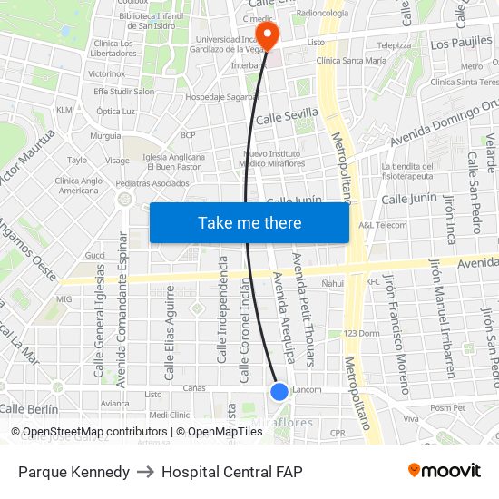 Parque Kennedy to Hospital Central FAP map