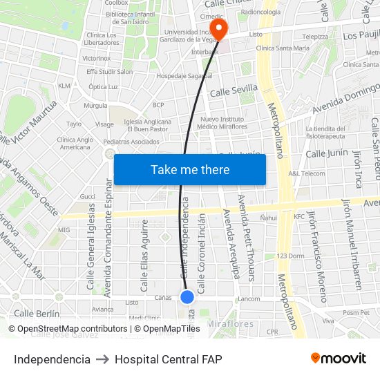 Independencia to Hospital Central FAP map