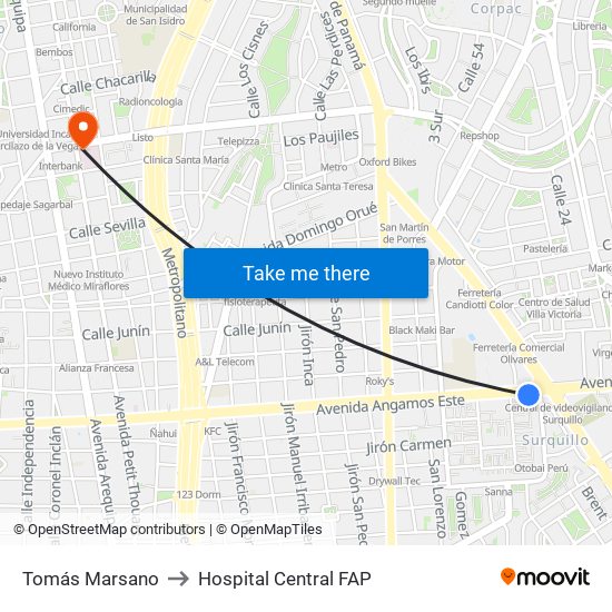 Tomás Marsano to Hospital Central FAP map