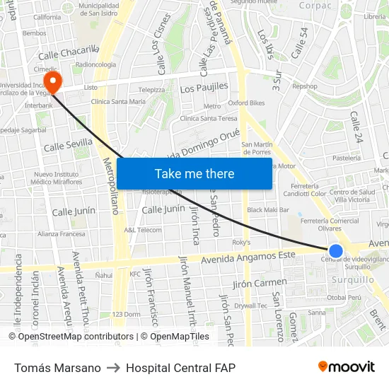 Tomás Marsano to Hospital Central FAP map