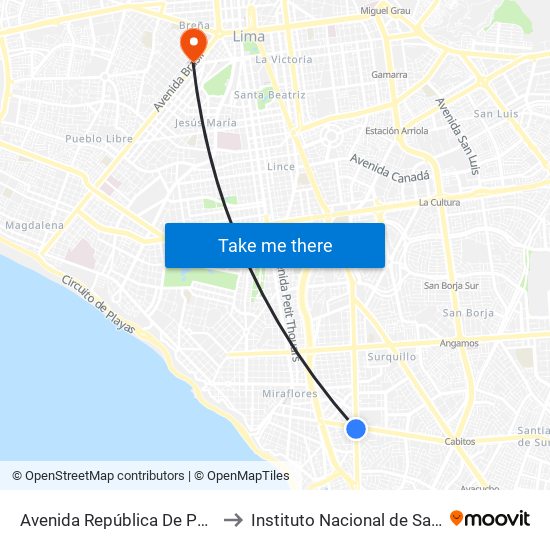 Avenida República De Panamá, 6239 to Instituto Nacional de Salud del Niño map