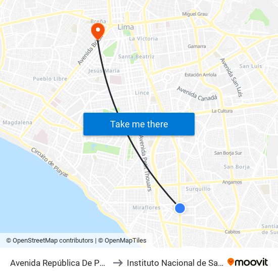 Avenida República De Panamá, 5734 to Instituto Nacional de Salud del Niño map