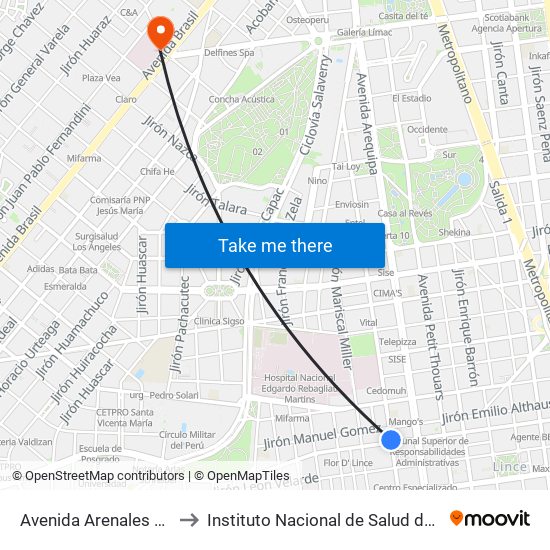 Avenida Arenales 1694 to Instituto Nacional de Salud del Niño map