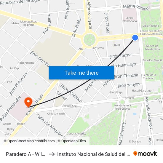 Paradero A - Wilson to Instituto Nacional de Salud del Niño map