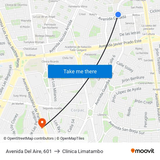 Avenida Del Aire, 601 to Clínica Limatambo map