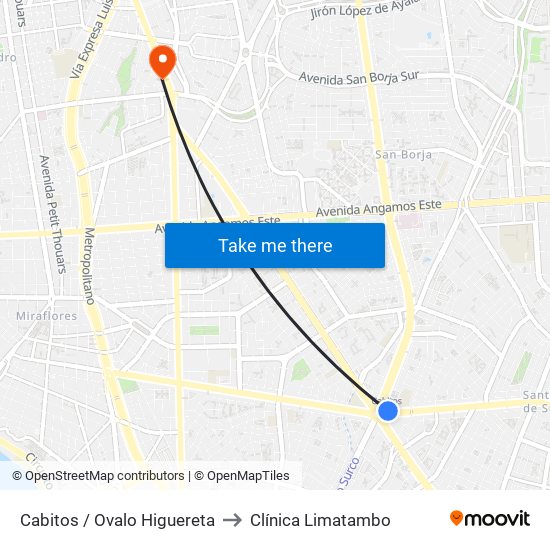 Cabitos / Ovalo Higuereta to Clínica Limatambo map
