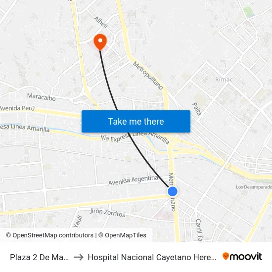 Plaza 2 De Mayo to Hospital Nacional Cayetano Heredia map