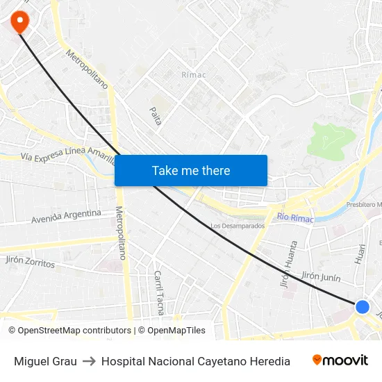 Miguel Grau to Hospital Nacional Cayetano Heredia map