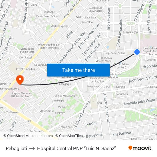 Rebagliati to Hospital Central PNP “Luis N. Saenz” map