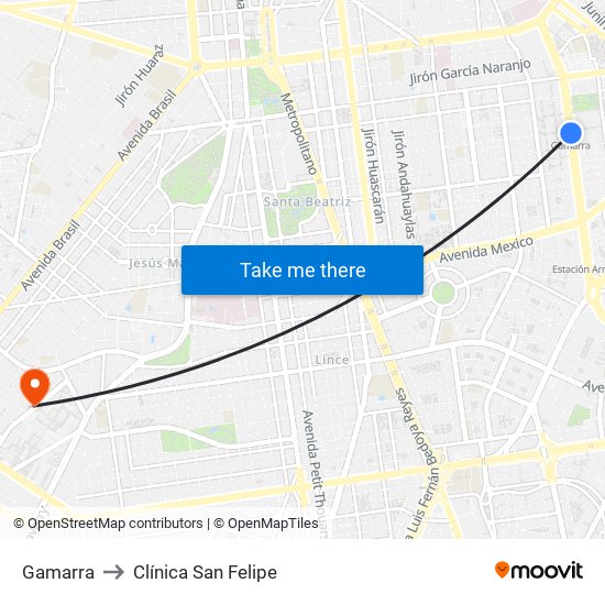Gamarra to Clínica San Felipe map