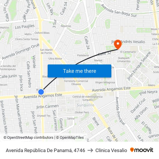 Avenida República De Panamá, 4746 to Clínica Vesalio map